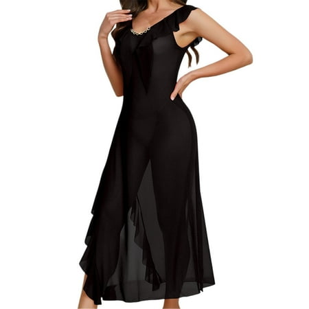 RUTAYY A Deep V-Neck Thick Shoulder Strap Pleated Lace Dress For Women And Side Slit Mesh Lace Lingerie Home Intimates Trendy