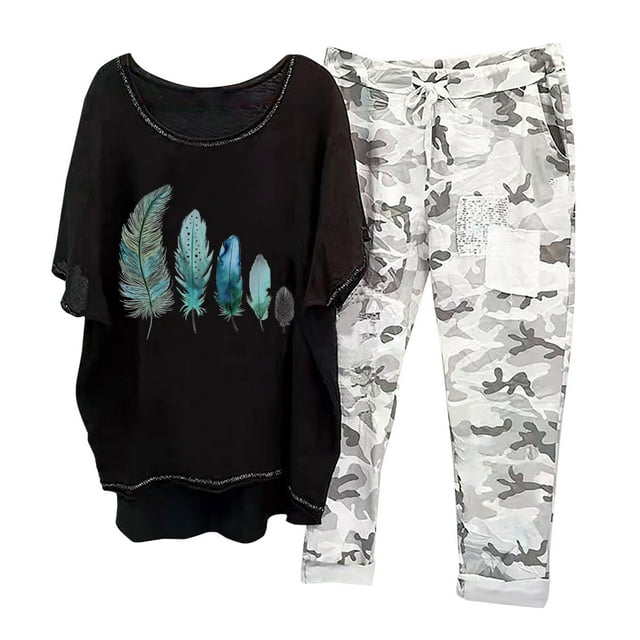 Mikilon Ensemble de Détente Confortable pour Femmes, Tenue d'Intérieur 2 Pcs, Ensemble de Détente Imprimé, Haut à Manches Mi-Longues à Col Rond + Pantalon, Noir-F 4TG