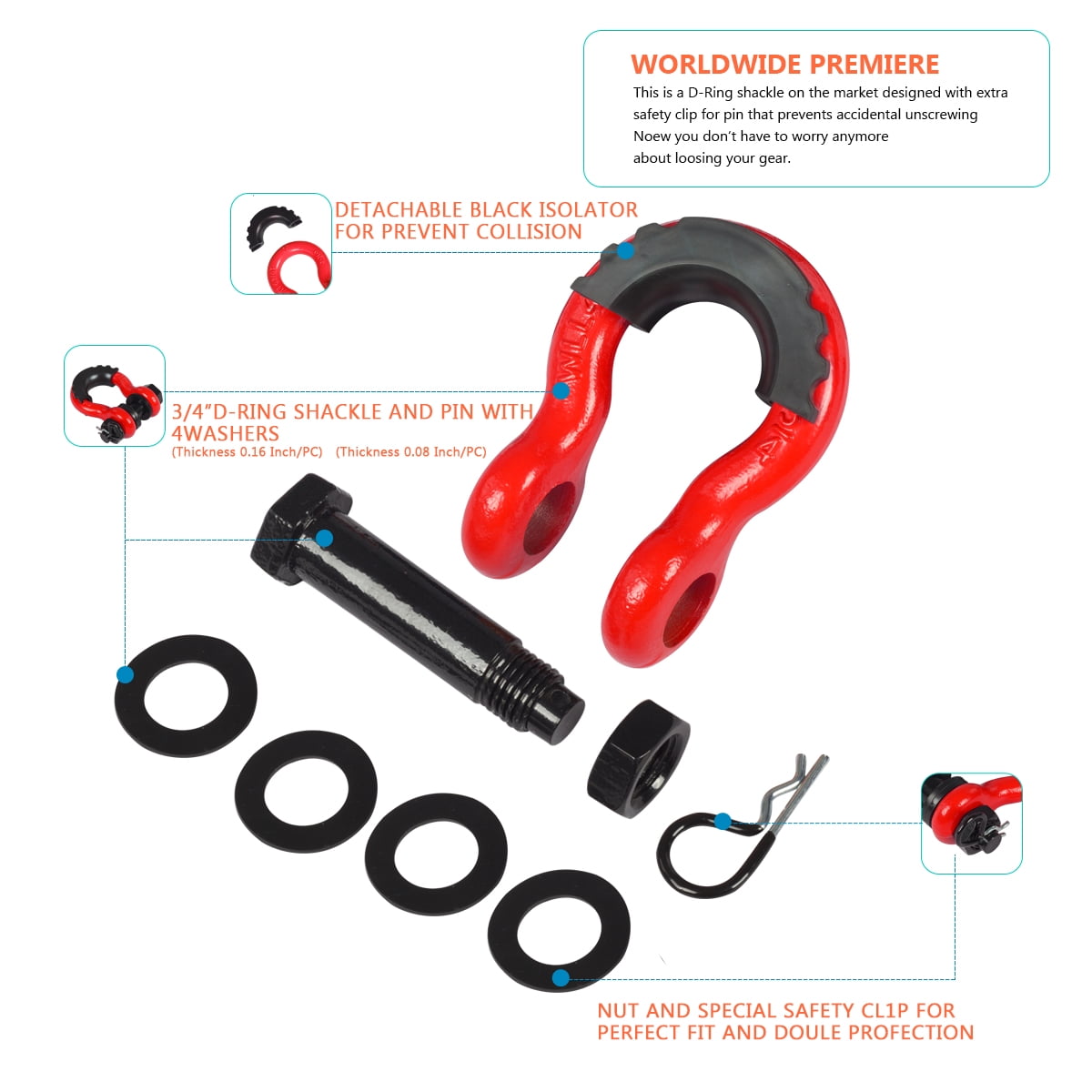 AMBULL Shackles 3/4 Inch D Ring Shackle (2 Pack) 45,000lb Break Strength with 7/8 Inch Pin, Isolator and Washer Kits for Use with Tow Strap, Winch, Off-Road Jeep Truck Vehicle Recovery, Red