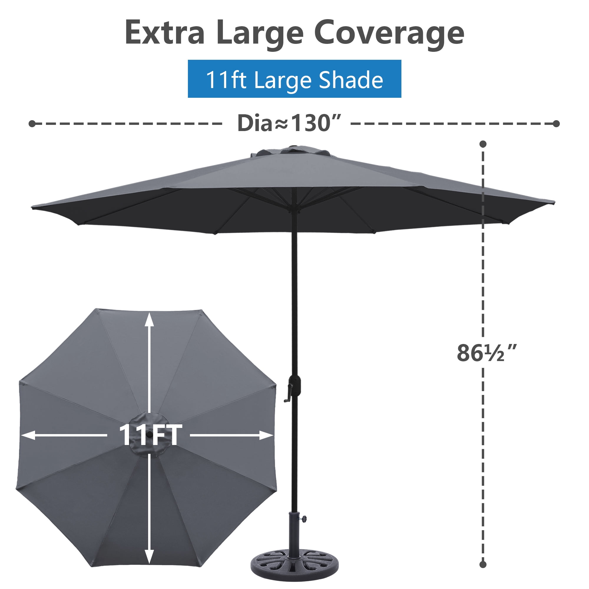 Abble 11FT Outdoor Patio Umbrella with Crank Handle, Market Umbrella with 8 Sturdy Umbrella Ribs, Waterproof for Garden Deck Backyard Pool,  Dark Gray