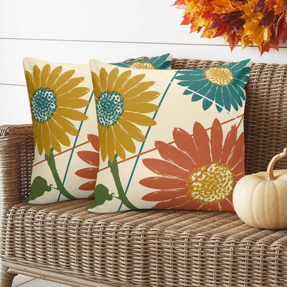 Abstract Florals Throw Pillow Covers 16x16 Inch Set of 2, Orange Yellow Flowers Minimalist Boho Waterproof Outdoor Pillow Covers, Decorative Cushion Pillowcases for Couch, Sofa, Bed, Garden, Patio