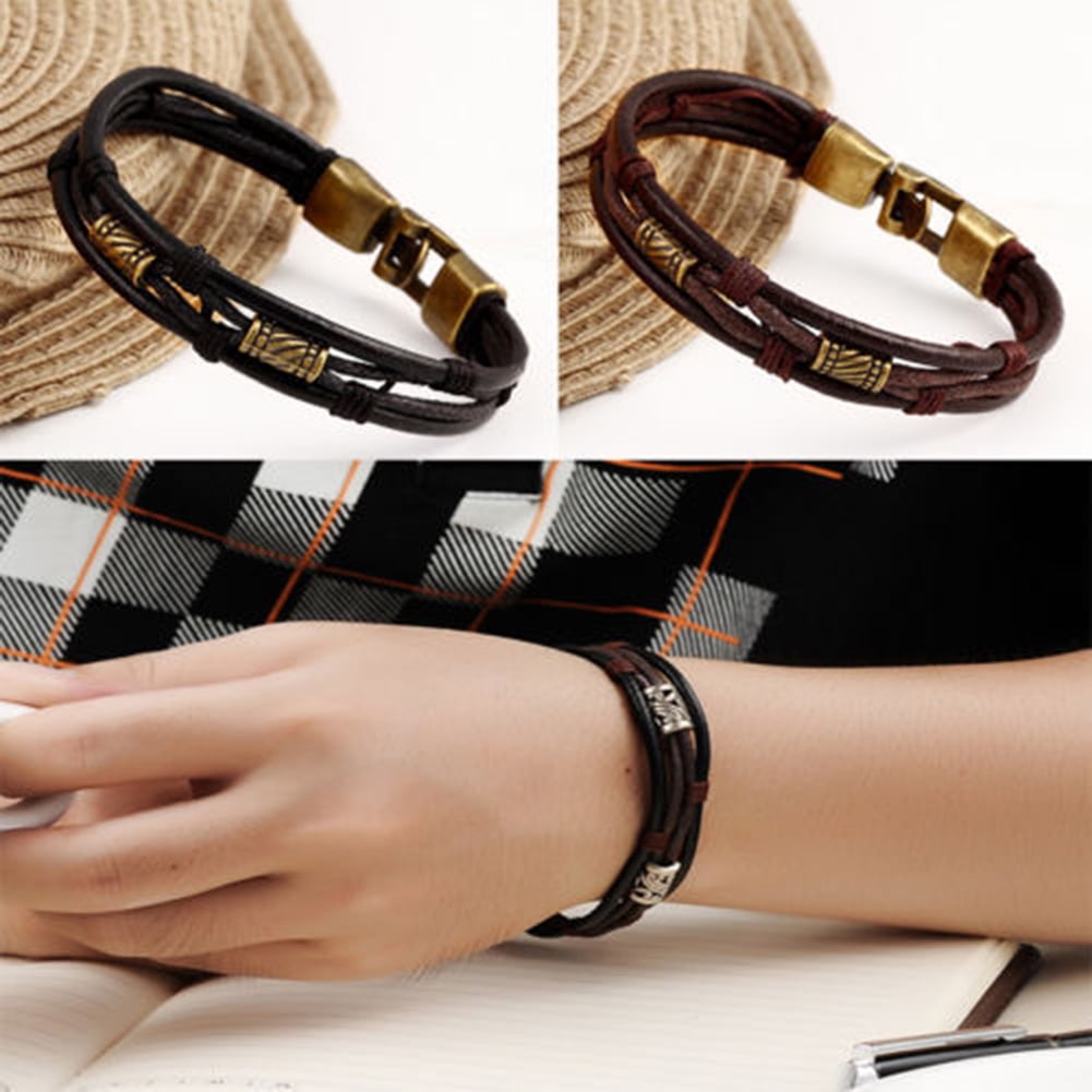 Men's Braided Genuine Leather Stainless Steel Cuff Bangle Bracelet Wristband New 