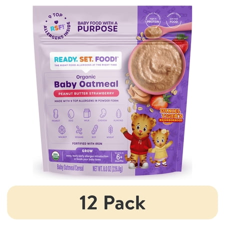 (12 pack) Ready, Set, Food! Organic Baby Oatmeal, 9 Top Allergens, Peanut Butter Strawberry, Stage 3, 8 oz