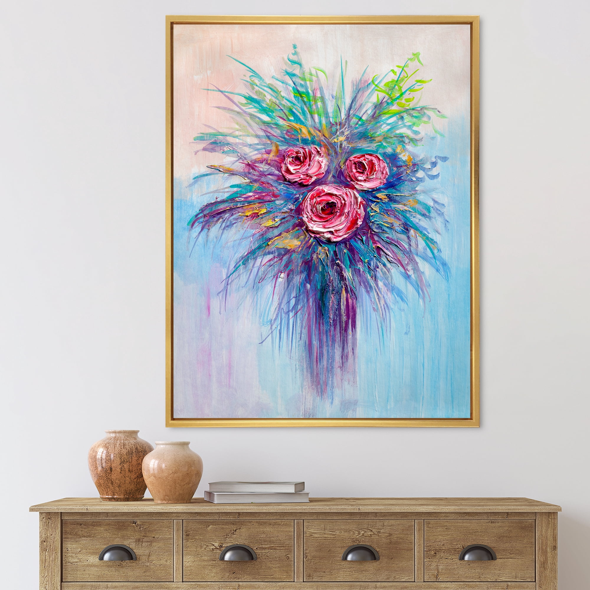 Bouquet Of Red Roses In A Vase On Blue 12 in x 20 in Framed Painting Canvas Art Print, by Designart