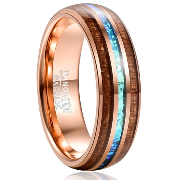 6 mm Wide Rose Gold Inlaid Acacia Wood Domed Tungsten Steel Ring