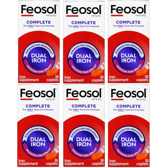 6 Pack Feosol Complete Bifera HIP & PIC Iron Supplement 30 Caplets Each