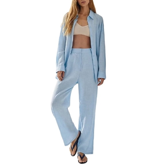 2 Piece Outfits for Women Casual Lounge Sets Long Sleeve Button Down Shirts and Wide Leg Pants Sets Tracksuit Blue S
