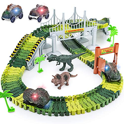 Dinosaur Toys Set 260+Pcs Flexible Magic Race Tracks Playset Create A Dinosaur World Road with 4 Colors Track 2 LED Dino Cars,Dino Toys,Bridge,Tunnel for 3 4 5 6 7 8 Age & Up Kids Boys Girls Gift 