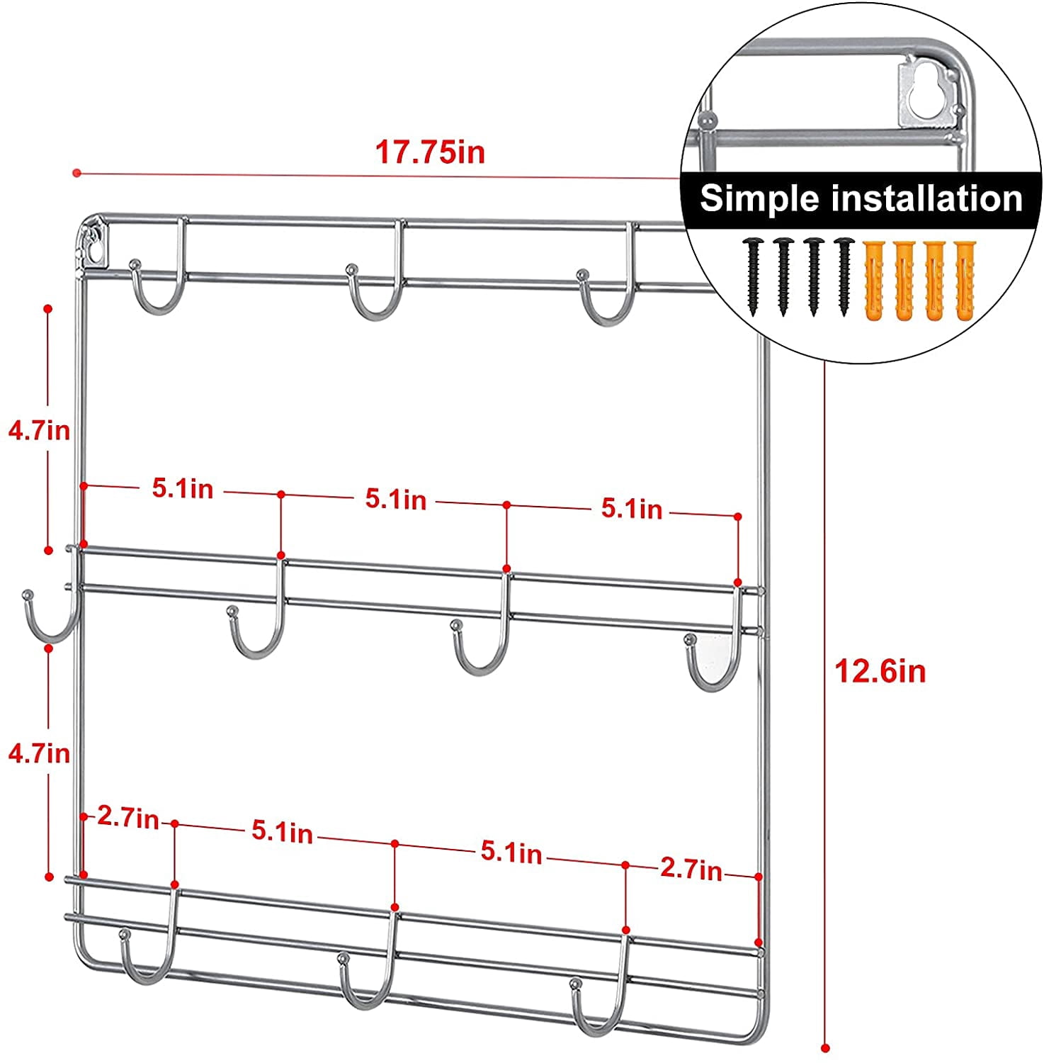 Oumilen Set of 2 3-Tier Metal Wall Mounted Coffee Cup Holder with 10 Hooks, Silver