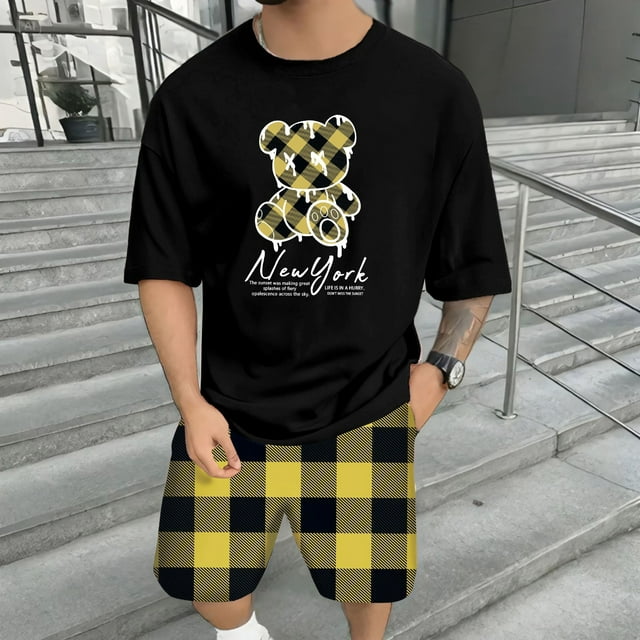 WILLBEST Conjunto de Camiseta y Pantalones Cortos de Verano para Hombre, Informal, con Estampado de Oso, Diseño A Cuadros, para Gimnasio, Deportes y Vacaciones