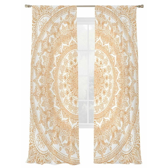 Boho Geometric Sheer Curtains 96 Inch Length 2 Panels Set, Semi Transparent Voile Rod Pocket Curtains for Living Dining Room Bedroom Drapes Ethnic Bohemian Farmhouse Art Motifs