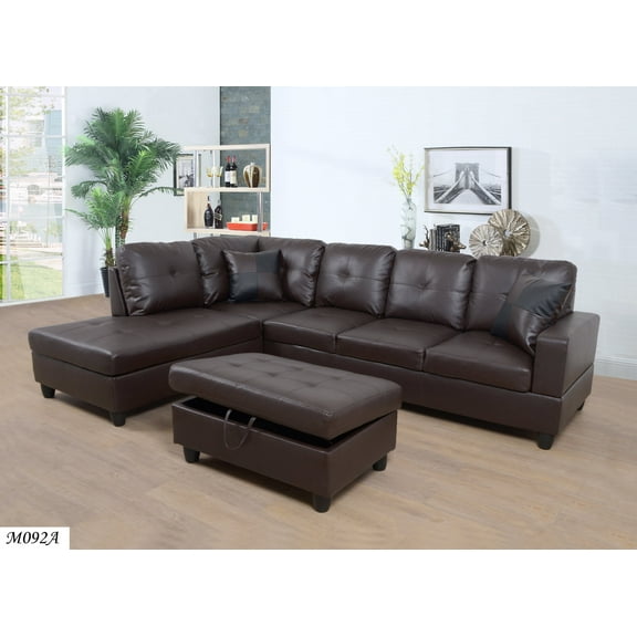 Beverly 3 PC Brown Sectional Faux Leather Lift -Facing Chaise with Free Storage Ottoman