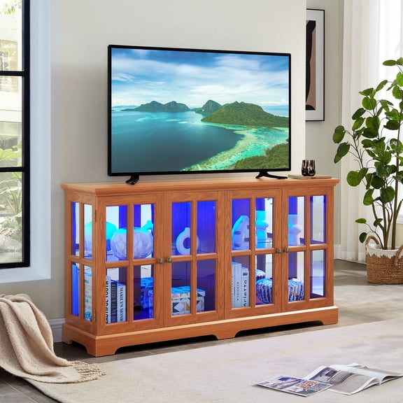 CQSXDA Antique Glass Door Curio Display Cabinet with LED Lights, Adjustable Shelves for Collectibles, Elegant Four-Door Oak