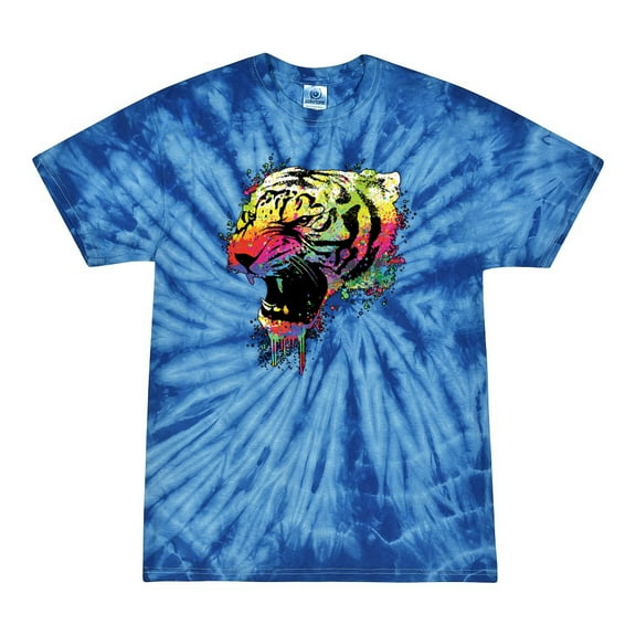 Wild Bobby, Technicolor Colorful Tiger Roaring, Animal Lover, Tie-Dye Tees, Spiral Royal, Large