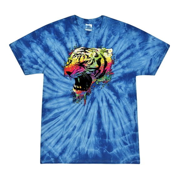 Wild Bobby, Technicolor Colorful Tiger Roaring, Animal Lover, Tie-Dye Tees, Spiral Royal, Small