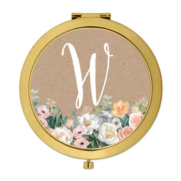 Koyal Wholesale Gold Compact Mirror Bridesmaid's Wedding Gift, Peach Flower Florals | Kraft Brown, Monogram Letter W