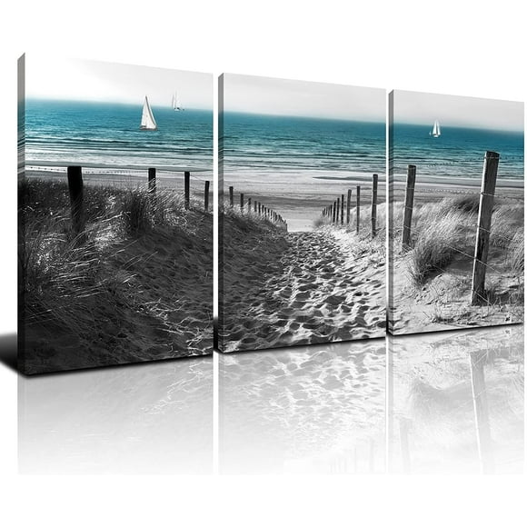 Black and White Wall Art Beach Bathroom Decor Teal Blue Nautical Bedroom Wall Decor Sand Dune Canvas Picture for Living Artwork Coastal Ocean Seascape Painting Home Decorations 12x16" 3Pcs