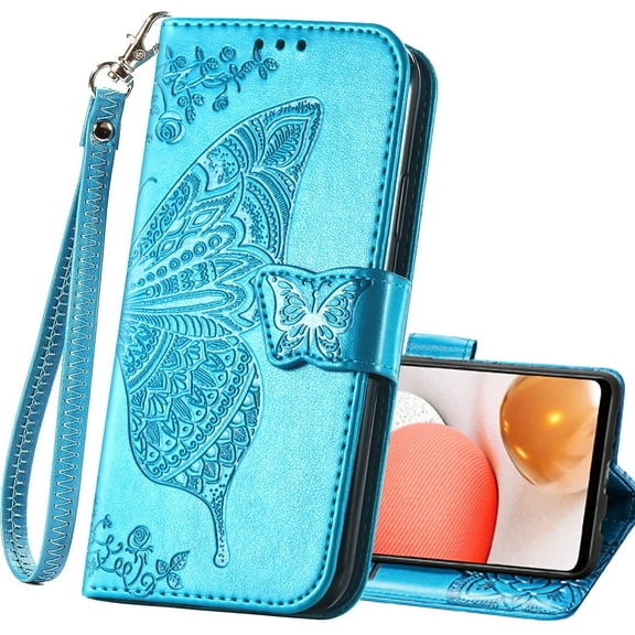 Motorola Moto G Pure Wallet Case,PU Leather Flip Protective Phone Case Wrist Strap Card Slots Holder Pocket Emboss Butterfly Flower Stand Case for Motorola Moto G Pure Blue