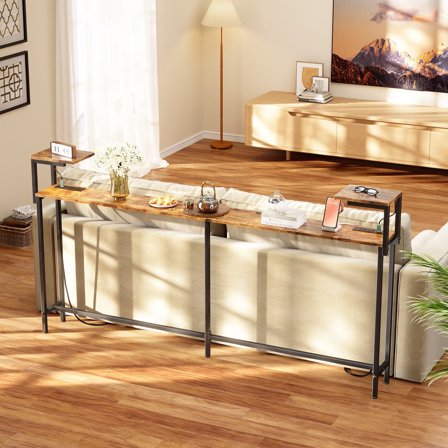 HLDIRECT 71 inch Console Table with Storage, Narrow Entryway Table with Outlet, Sofa Table with LED Light for Living Room, Hallway Table