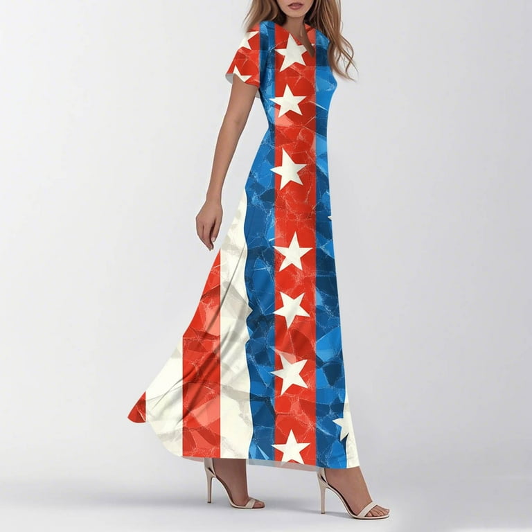 SAATLERI 4th Of July Outfits for Women Independence Day Print Dress Trendy  Casual V Neck Short Sleeve USA Beach Holiday Dresses