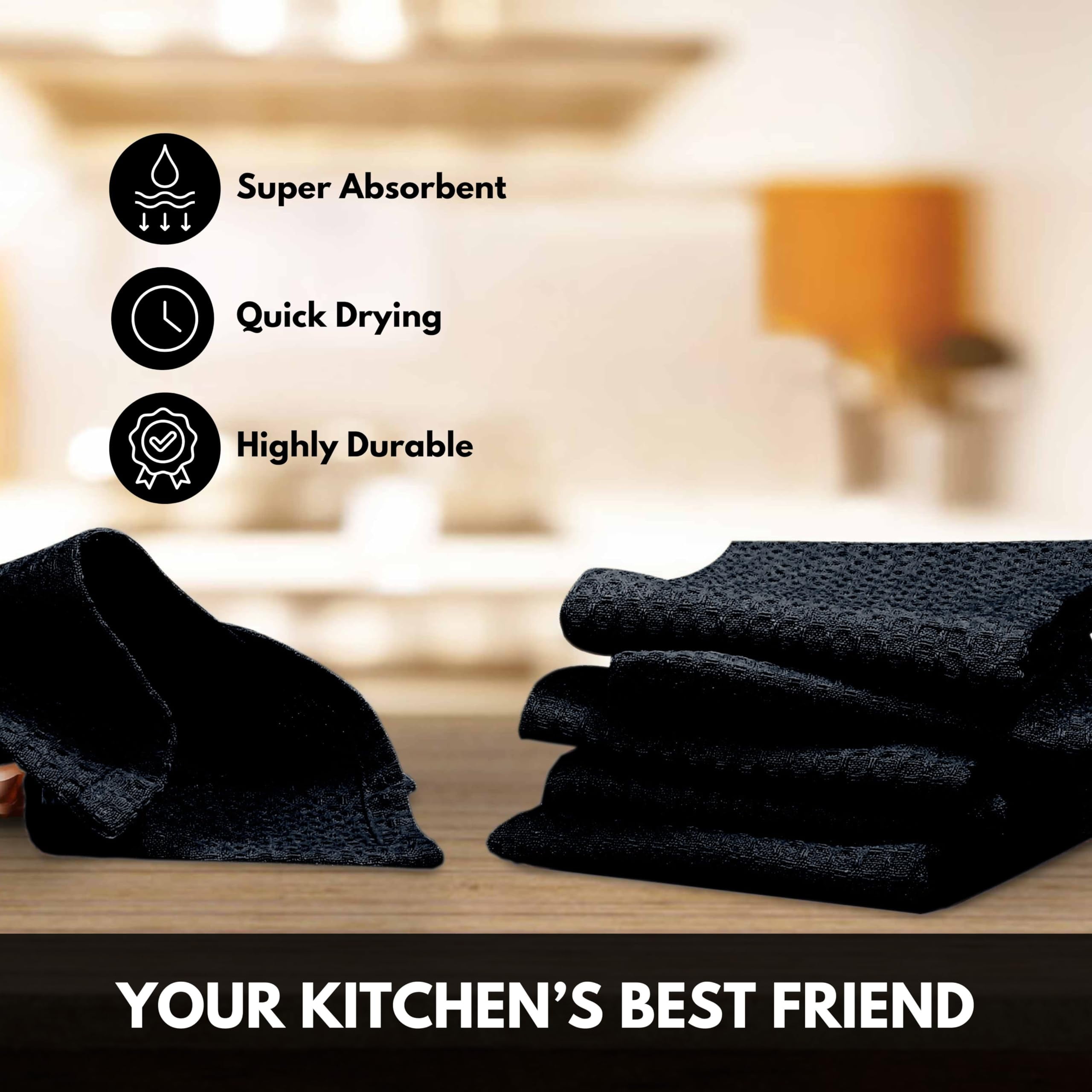 Softopia Cotton Black Waffle Kitchen Dish Towels 100% Cotton, Soft, Absorbent, Quick Drying, Multipurpose Use, Bar & Tea Towels, 16x26 Inches, Durable, Machine Washable, Reusable, Set of 12