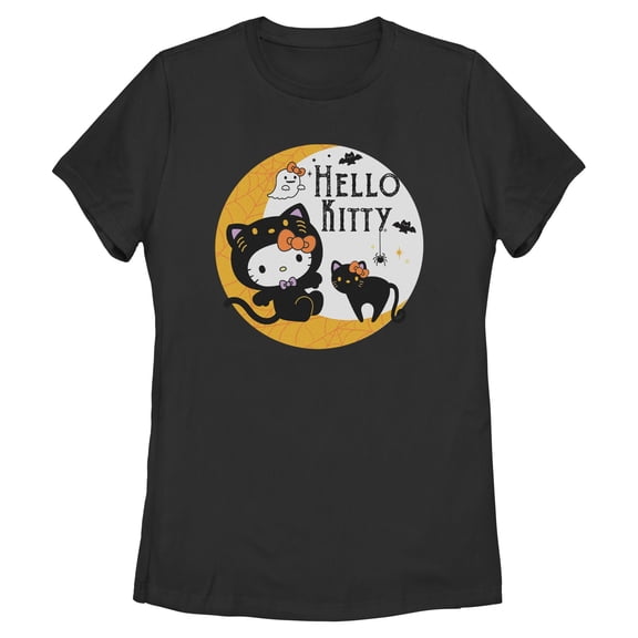Womens Hello Kitty Halloween Black Cat and Moon T Shirt