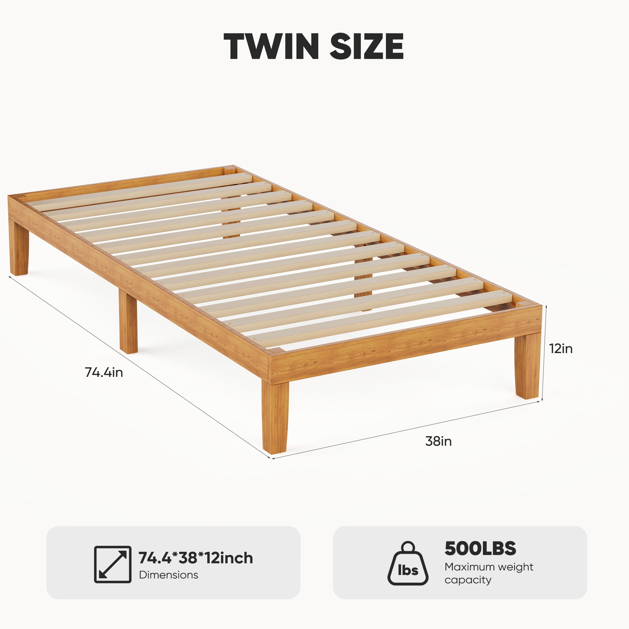 EDX Twin Size Wood Bed Frame,  No Spring Needed, 12in Wooden Platform Bed Frame Mattress Foundation with Support Slats,  Natural Pine