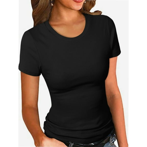 Women's Crew Neck Ribbed Fitted Shirt, Basic Short Sleeves Slim Fit Tops Summer T Shirt