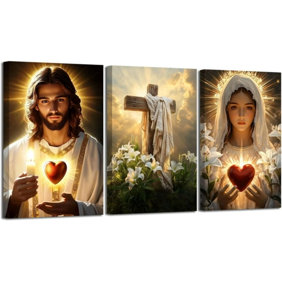 Hieng Sacred Heart Wall Art 3 Pieces Jesus Mary Portrait Pictures Christian Catholic Canvas Prints Cross Dove of Peace Paintings for Church Decor Unframed