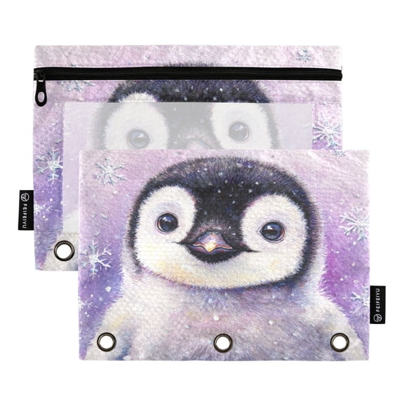 2 Pack 3 Ring Binder Pouch with Clear PVC Window Water Resistant Zipper Pencil Pouch Whimsical Winter Penguin Binder Pocket for Classroom Office Home Stationery Organization