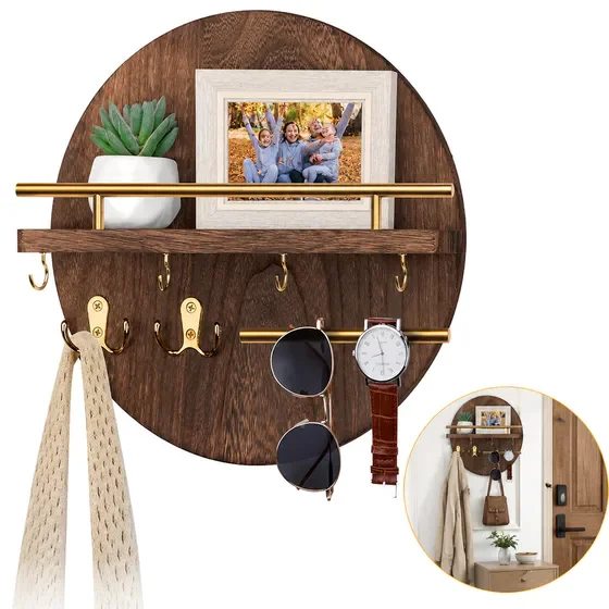 Generic Rustic Circular Wood Wall Mount Organizer with Shelf & 6 Metal Hooks, Multi-Functional Mail & Key Holder, Brown Gold Decor for Entryway, Hallway & Kitchen