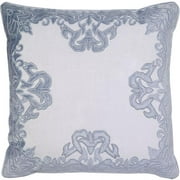 Aviva Velvet Applique Embroidered on White Linen Pillow Cover - Cream & Blue