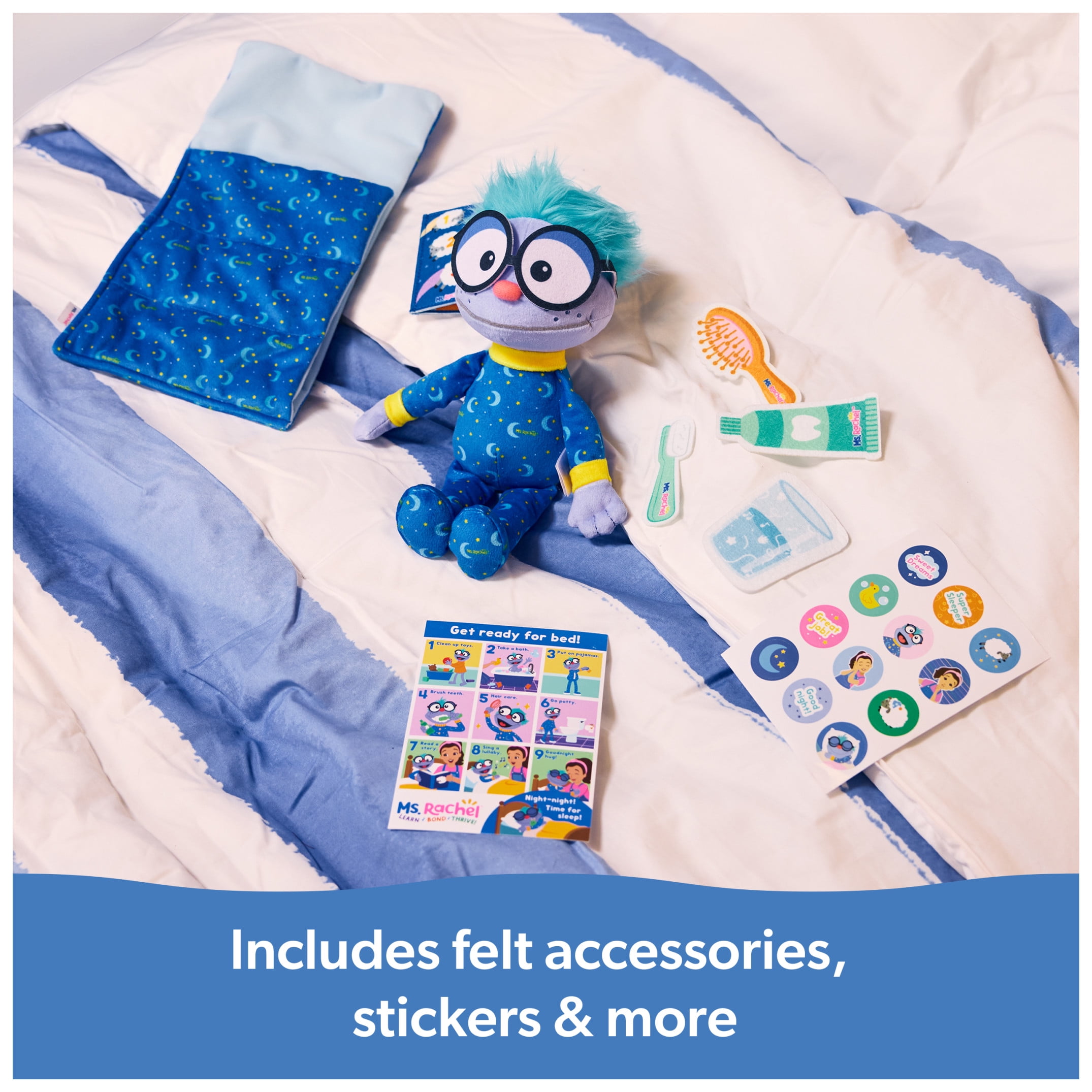 Ms. Rachel Goodnight Frankie Bedtime Playset, 11” Plush with Sleeping Bag & Accessories