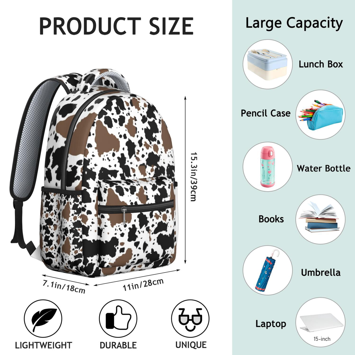 Cow Print Backpack for School,Schoolbag with Adjustable Shoulder Straps & Padded Back,15.3"x11"x7.1".