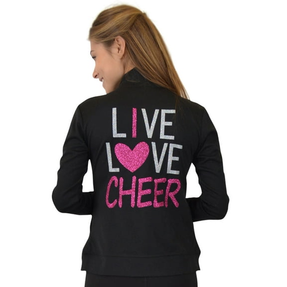 Stretch Is Comfort Women's Glitter Live Love Cheer | Mock Neck Jacket | Adult Small- 2XL
