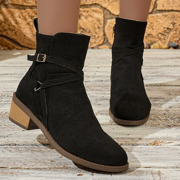 Viluyesy Womens Ankle Boots, Chunky Heels Side Zipper Round Toe Fall Winter Fashion Suede Boots Black US9.5