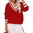 thumbnail image 2 of Women'S Casual V Neck Long Sleeve Sweater Trendy Striped Pullover Cable Knit Preppy Sweaters Red XL, 2 of 10