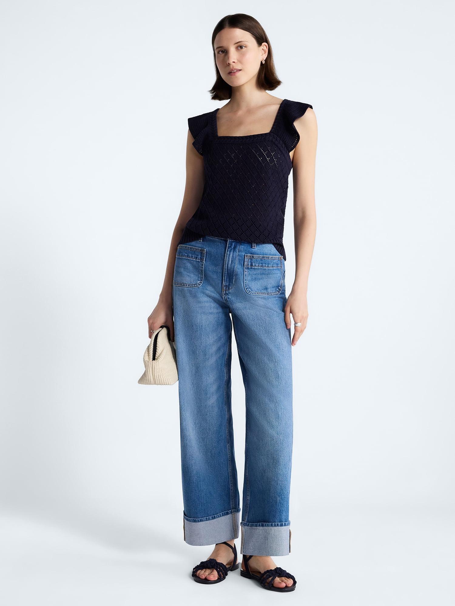 Free Assembly Women's and Women's Plus Square Neck Cotton Sweater with Flutter Sleeves, Sizes XS-4X