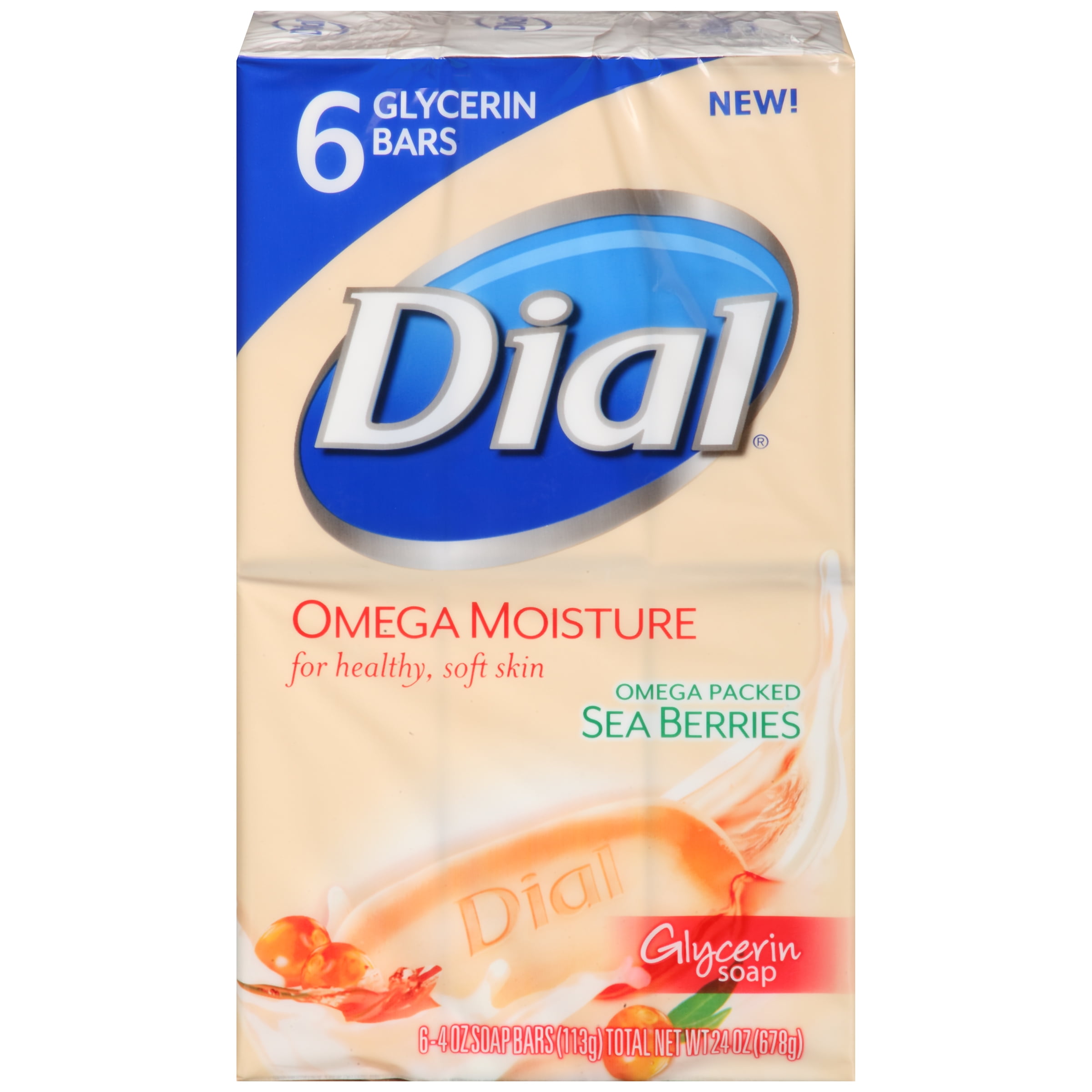 Dial Glycerin Bar Soap, Omega Moisture, 4 Ounce Bars, 6 Count