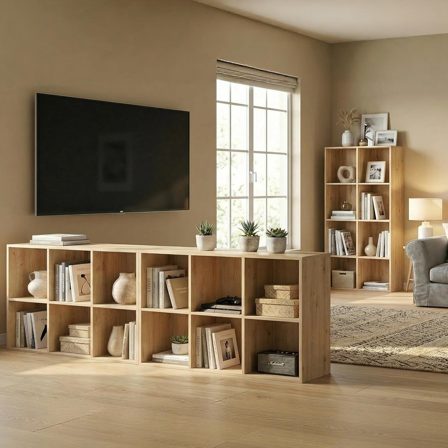 Jpiziso 5 Cube Storage Organizer 35.98"x 9.45" x 24.09" Bookcases with Closed Back for Home Office, Living Room, Bed Room White Oak