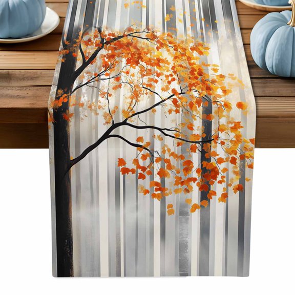 ERUNPONLY Red Yellow Leaves Fall Table Runner - 72 Inch Long Silhouettes Forest Modern Art Cotton and Linen Blended Dress Scarves Farmhouse Table Runner for Kitchen Dining, Coffee Table, 16" x 72"