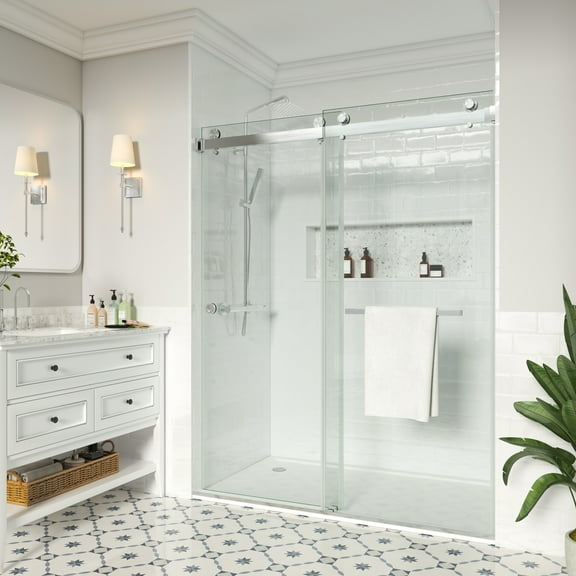 MCOCOD 56 to 61 in. W x 72 in. H Frameless Double Sliding Shower Door, 3/8" (10 mm) Clear Tempered Glass, Waterproof Bathroom Alcove Shower Doors, Brushed Nickel Finish