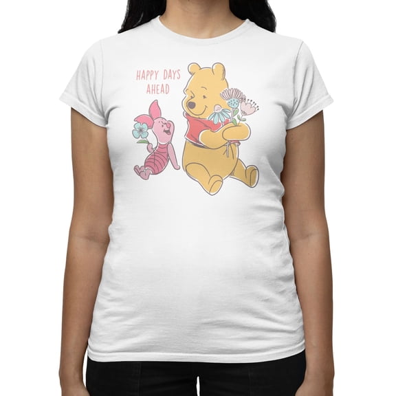 Disney Winnie The Pooh Women's Happy Days Ahead With Piglet Flowers T-Shirt (Bright White, S-XXL)