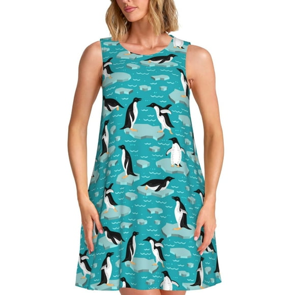 Bixox Robe Sans Manches à Imprimé Pingouins sur la Glace dans la Mer pour Femmes avec Poches, Robe Débardeur Décontractée Longueur Genou pour l'Été-moyen