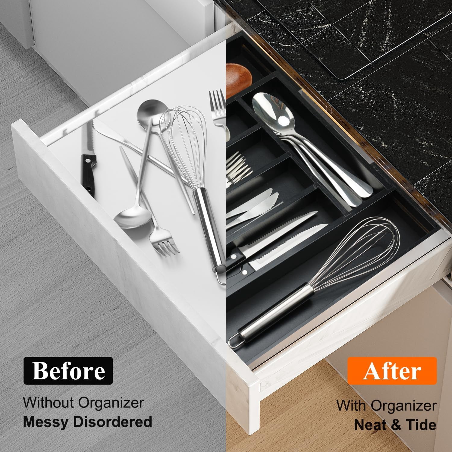 Bamboo Kitchen Drawer Organizer Tray Black Expandable Spoon Silverware Organizer Large Utensil Holder Drawers Divider Adjustable Cutlery Flatware Organizers for Drawer Wood Utensil Silverware Tray