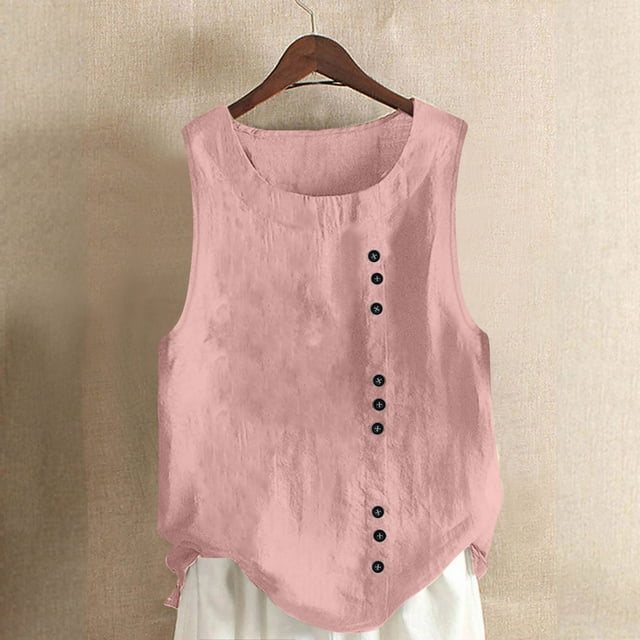 Womens Tank Tops, Womens Tank Top, Womens Solid Color Tank Top with Round Neck Faux Cotton and Linen Button Design and A Sense of Top with Round Neck Tank Tops