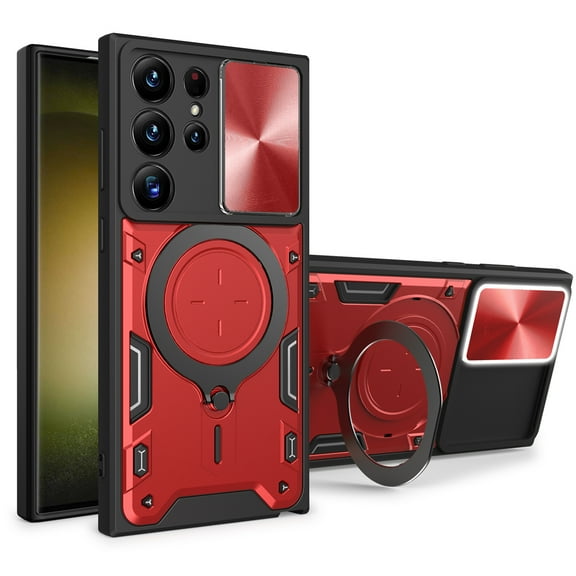 TECH CIRCLE Case For Galaxy S24 Ultra, Sliding Lens Protective Rugged Case with Rotating Stand Phone Ring Holder Lightweight Sturdy Shockproof Cover for Samsung Galaxy S24 Ultra 6.8" 2024,Red