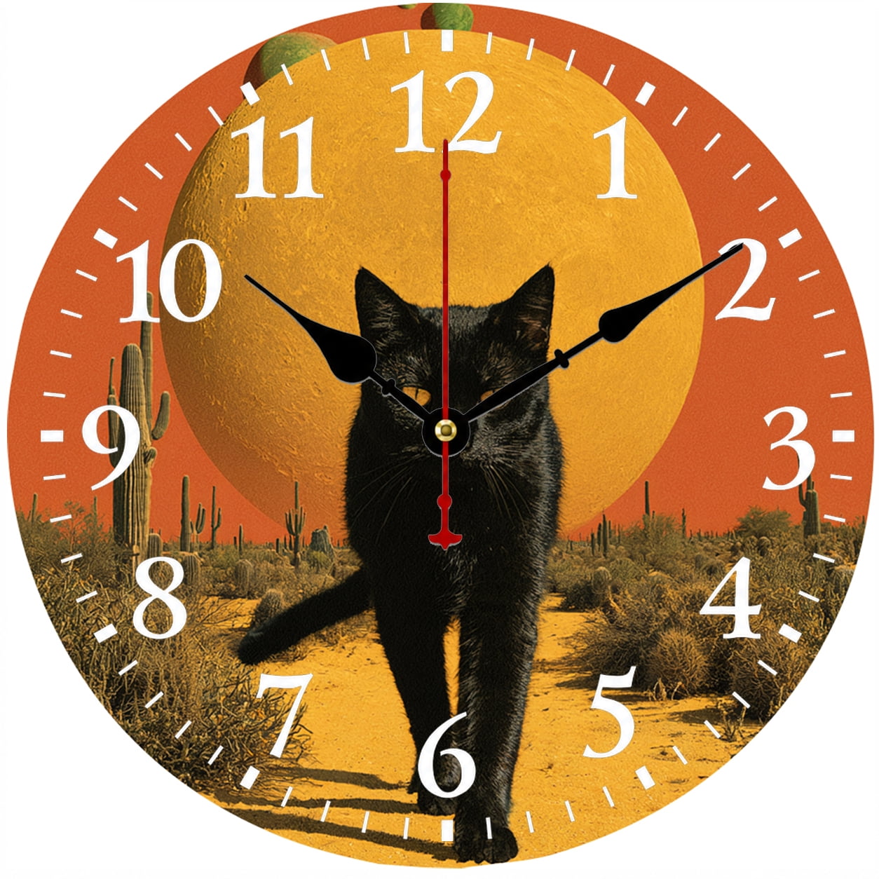 Black Cat Wall Clock, 9.84 Inch Silent Non-Ticking Battery Operated Analog Clock, Western Desert Decor for Living Room Bedroom Kitchen