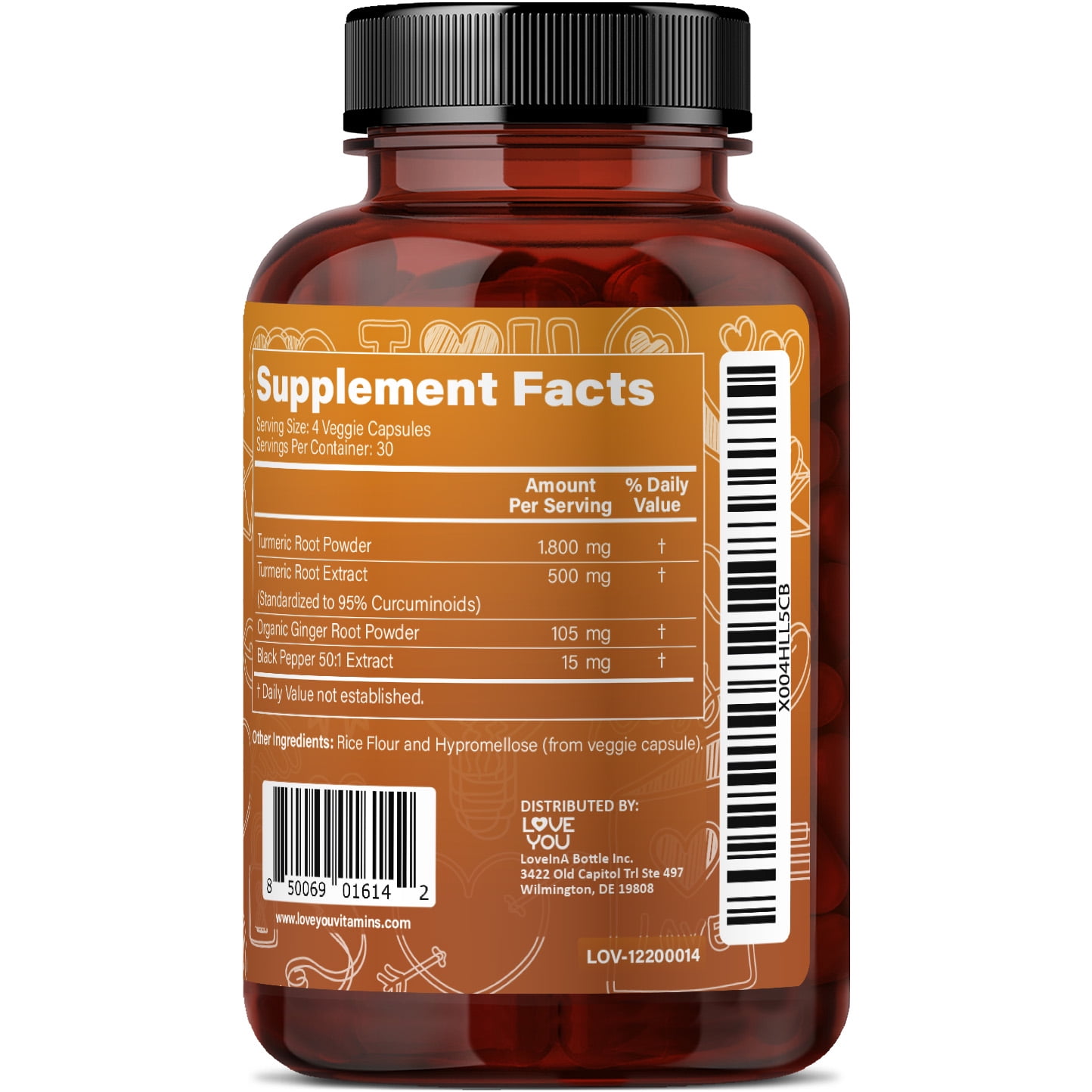 Love You Turmeric 1800 mg + 95% Curcuminoids 500 mg + Organic Ginger 120 Veggie Caps