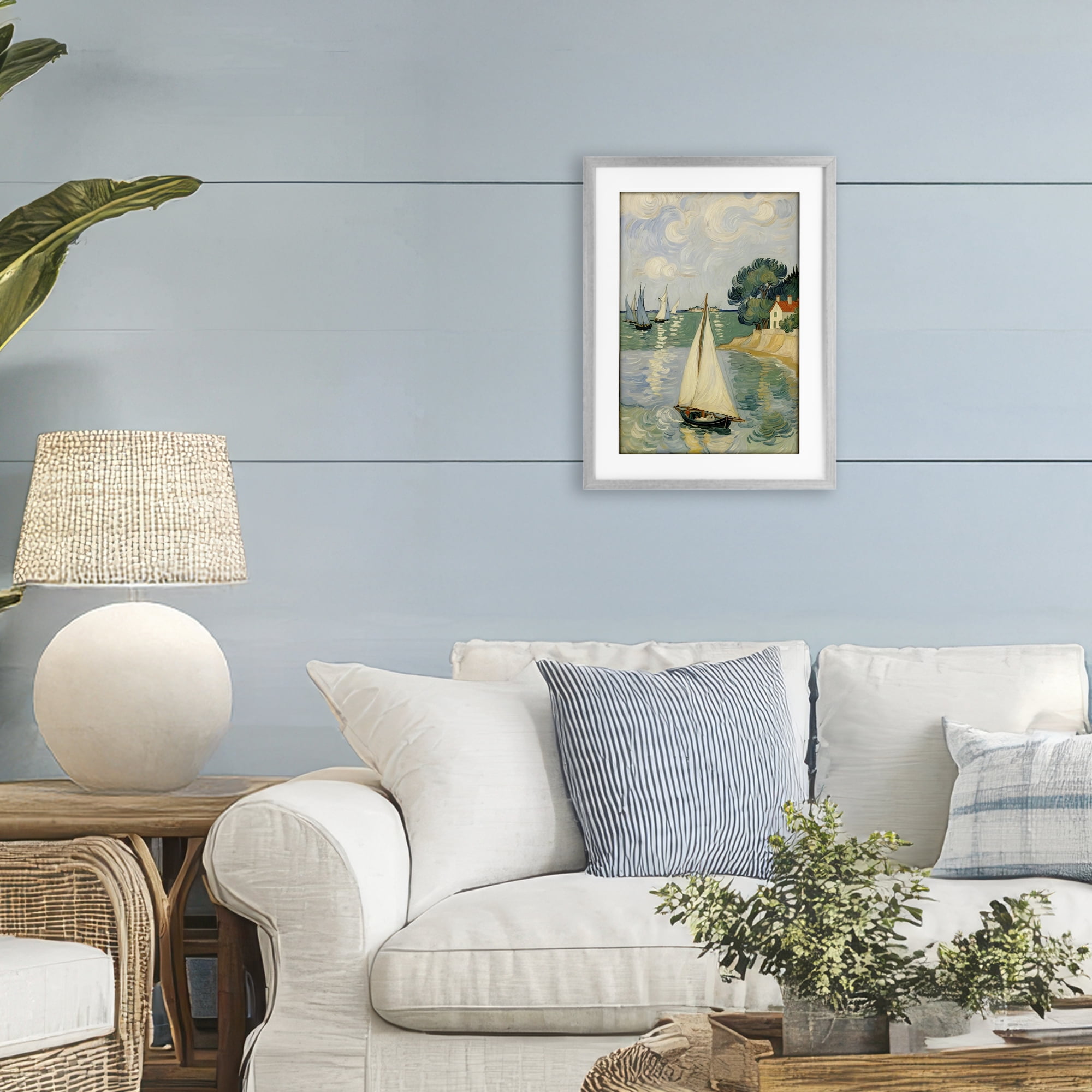 Stupell Industries Coastal Sailboats Under Swirling Clouds Gray Framed Print Under Glass, design by Angie Hawke